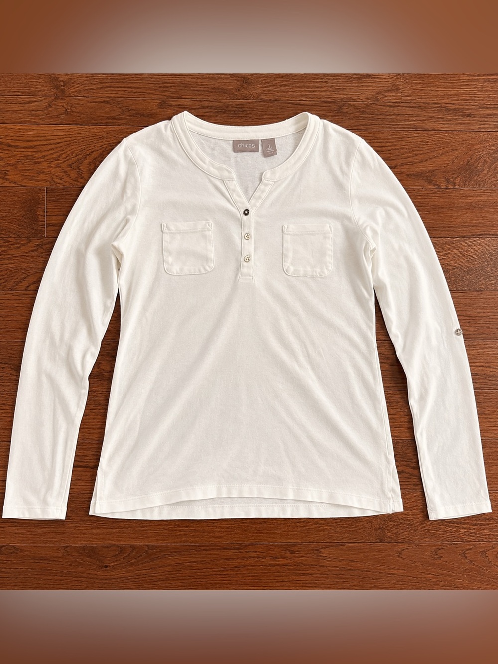 Chico's Women’s Long Sleeve Henley Tee in White | size large